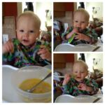 Learning to use his spoon at breakfast