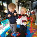 two little monkeys jumping on the bed