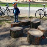 Stepping from log to log all by himself!