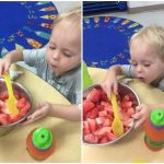 Serving himself watermelon at daycare