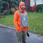 one size fits all - neighbour Marc wearing Isaac's robot costume