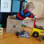 Asher trying to get from the bin to the car