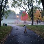 Spooky foggy fall evening at the park